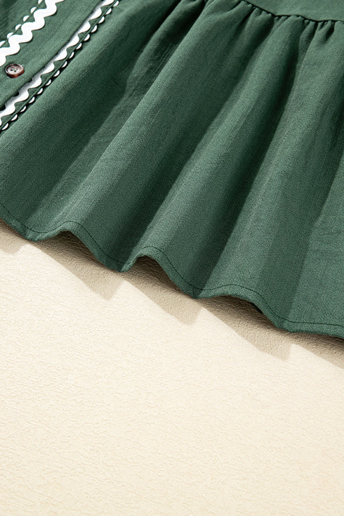 Contrast Ricrac Button Front V Neck Tiered Mini Dress