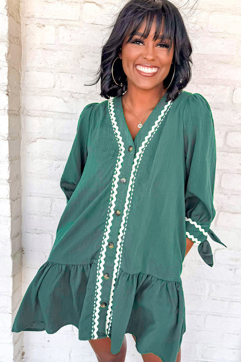 Contrast Ricrac Button Front V Neck Tiered Mini Dress