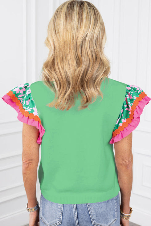 Contrast Ricrac Floral Sleeve Top