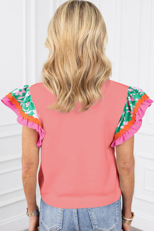 Contrast Ricrac Floral Sleeve Top