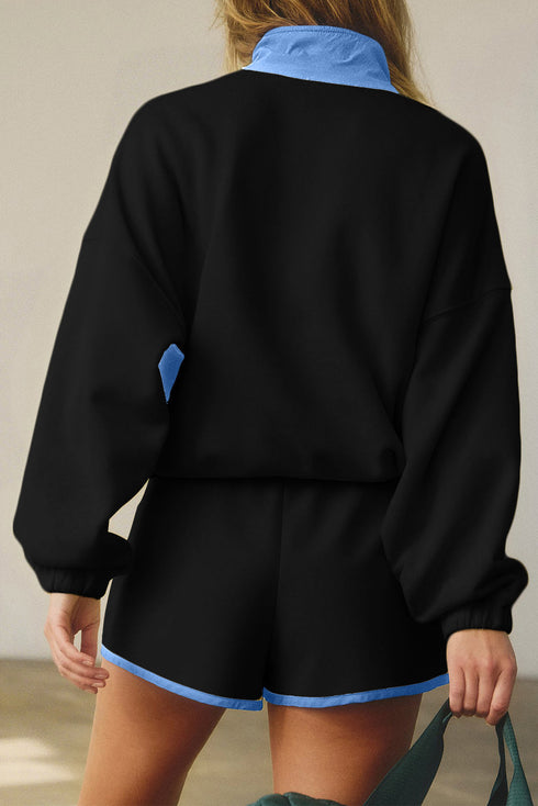 Contrast Snap Placket Colorblock Flap Pocket Short Set