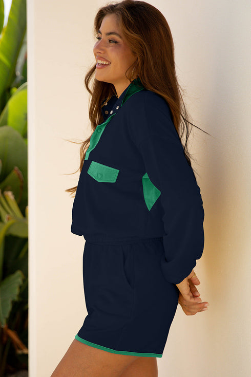 Contrast Snap Placket Colorblock Flap Pocket Short Set