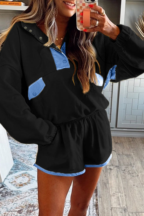 Contrast Snap Placket Colorblock Flap Pocket Short Set