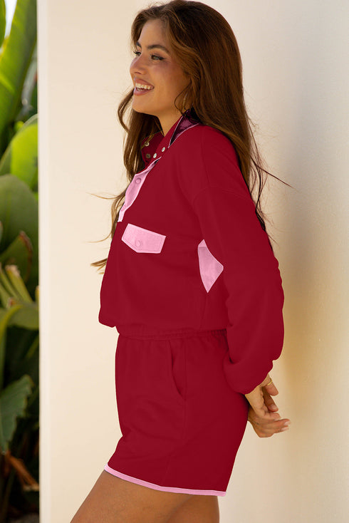 Contrast Snap Placket Colorblock Flap Pocket Short Set