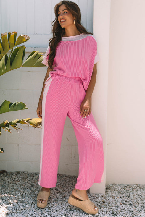Contrast Spliced Corded Patchwork Wide Leg Pant Set