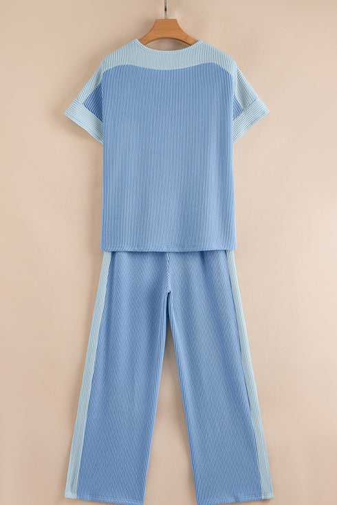Contrast Spliced Corded Patchwork Wide Leg Pant Set