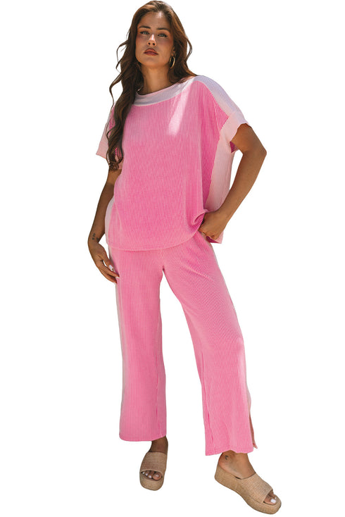Contrast Spliced Corded Patchwork Wide Leg Pant Set