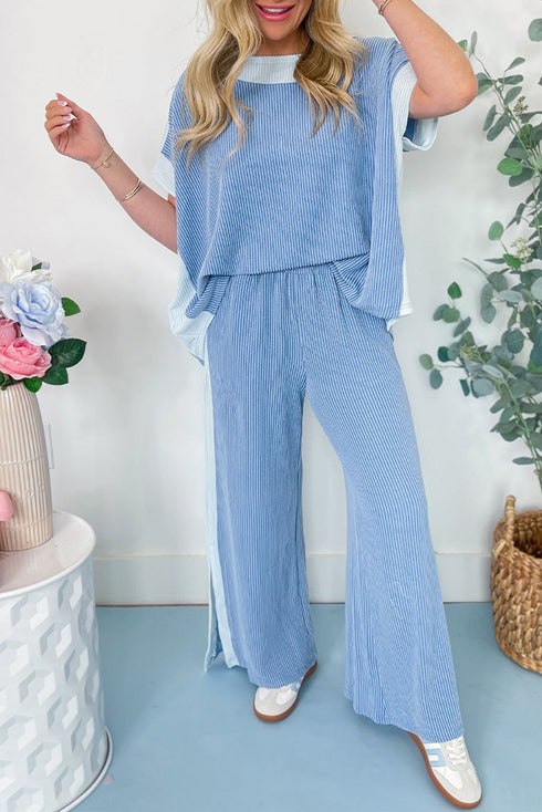 Contrast Spliced Corded Patchwork Wide Leg Pant Set