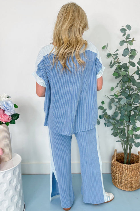 Contrast Spliced Corded Patchwork Wide Leg Pant Set