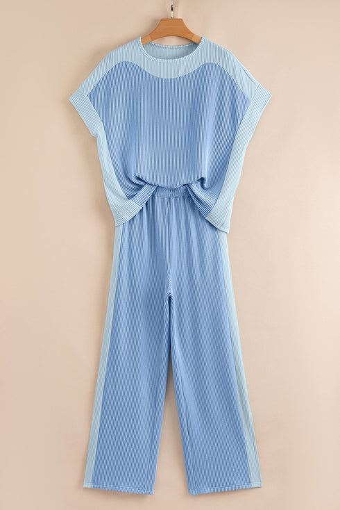 Contrast Spliced Corded Patchwork Wide Leg Pant Set