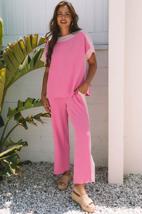 Contrast Spliced Corded Patchwork Wide Leg Pant Set