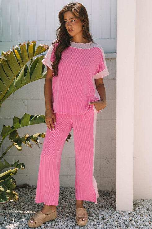 Contrast Spliced Corded Patchwork Wide Leg Pant Set