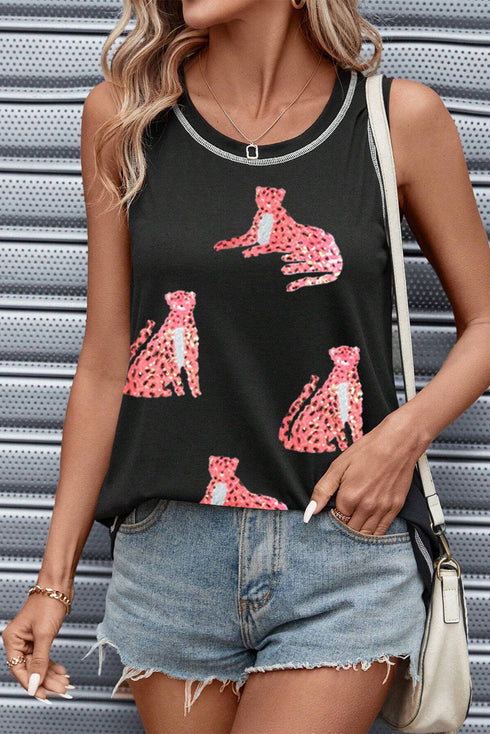 Contrast Stitch Animal Graphic Sleeveless Tank Top