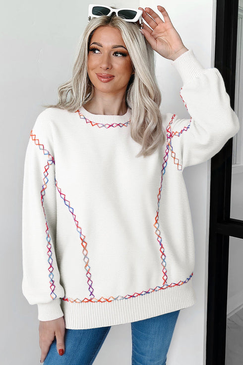 Contrast Stitch Detail Relaxed Fit Pullover Sweater