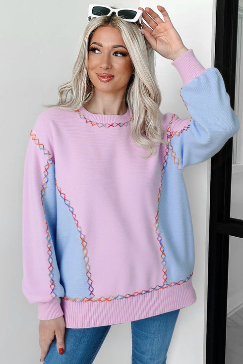 Contrast Stitch Detail Relaxed Fit Pullover Sweater