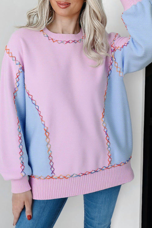 Contrast Stitch Detail Relaxed Fit Pullover Sweater