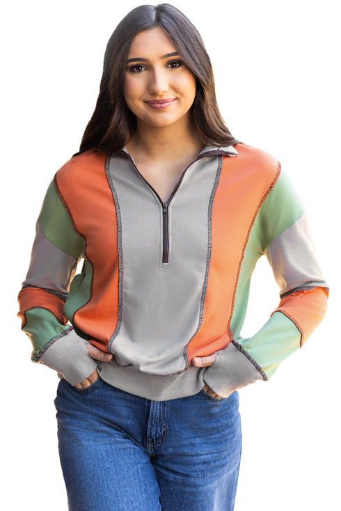 Contrast Stitch Paneled Quarter Zip Sweatshirt