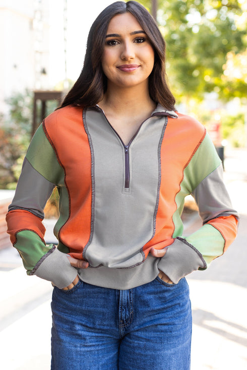 Contrast Stitch Paneled Quarter Zip Sweatshirt