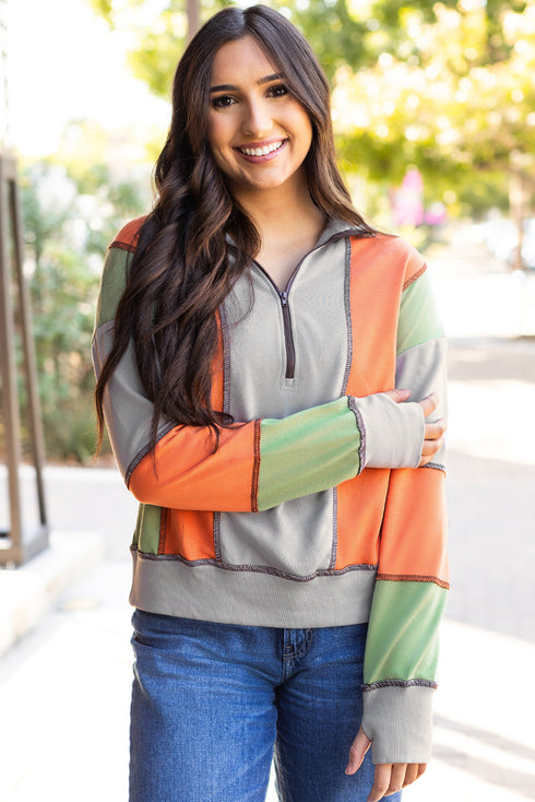 Contrast Stitch Paneled Quarter Zip Sweatshirt
