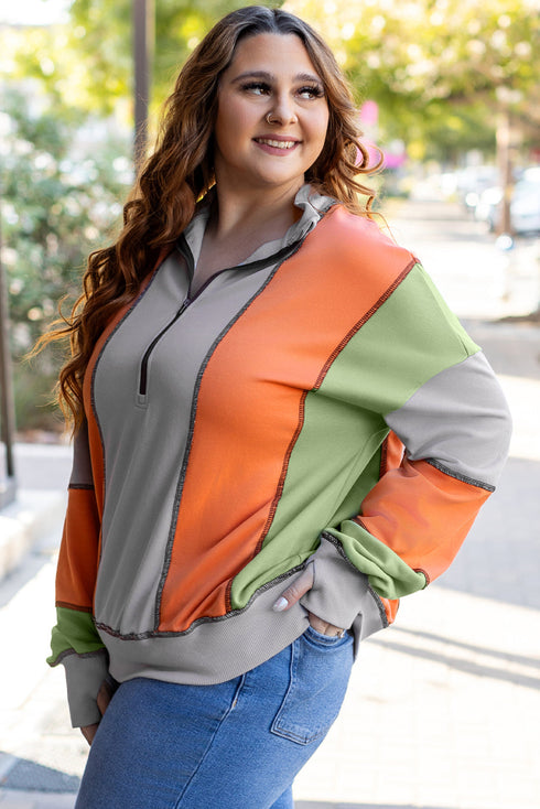 Contrast Stitch Paneled Quarter Zip Sweatshirt