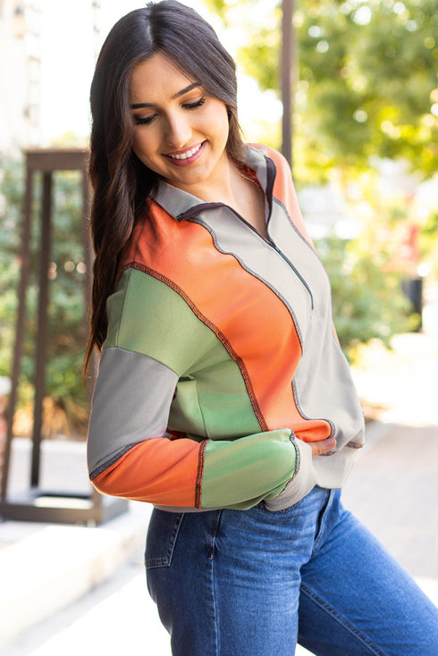 Contrast Stitch Paneled Quarter Zip Sweatshirt