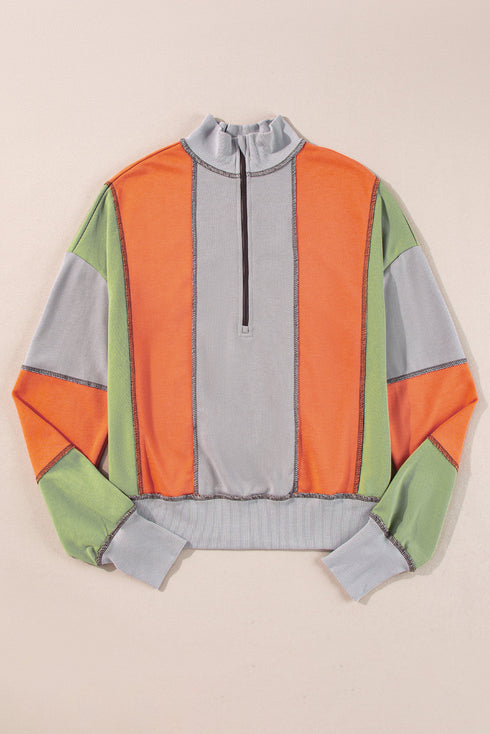 Contrast Stitch Paneled Quarter Zip Sweatshirt