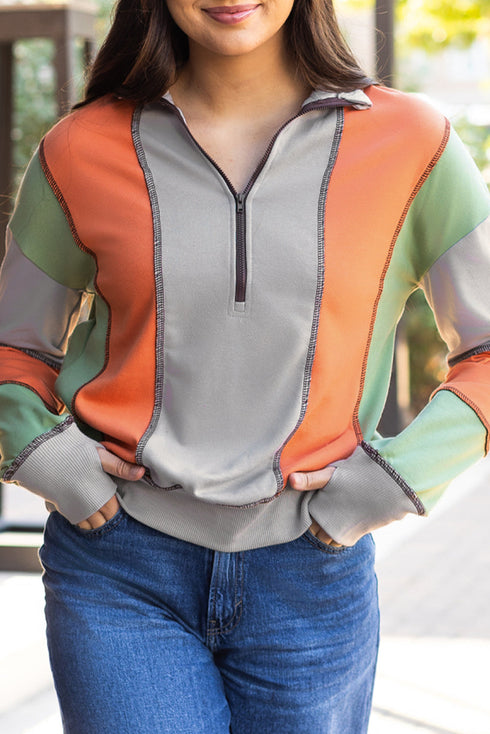Contrast Stitch Paneled Quarter Zip Sweatshirt