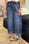 Contrast Stitch Raw Hem High Waisted Wide Leg Jeans