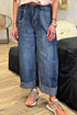 Contrast Stitch Raw Hem High Waisted Wide Leg Jeans