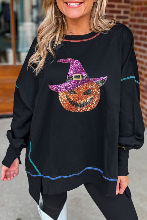Contrast Stitch Sequin Graphic Oversized Tunic Sweatshirt