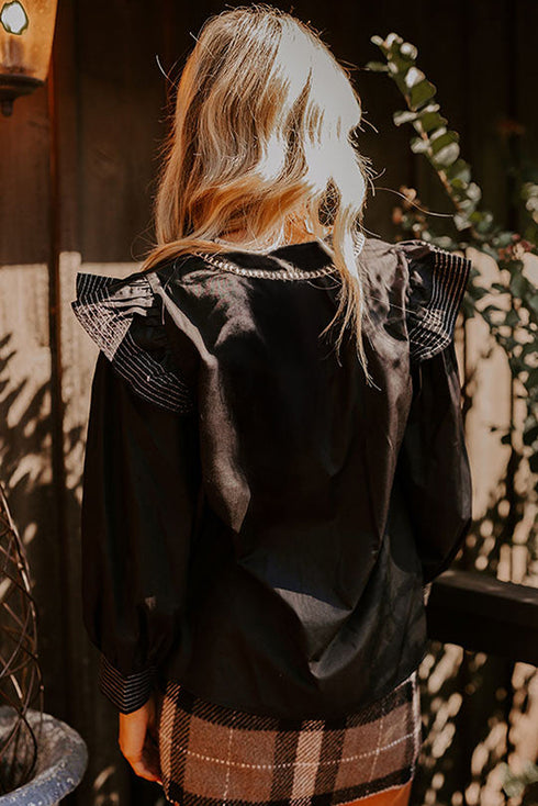 Contrast Stitch Trim Split Neck Ruffle Shoulder Long Sleeve Blouse