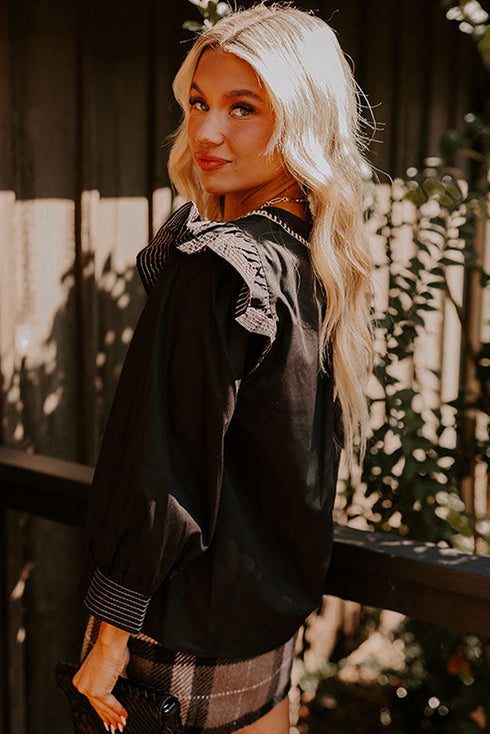 Contrast Stitch Trim Split Neck Ruffle Shoulder Long Sleeve Blouse
