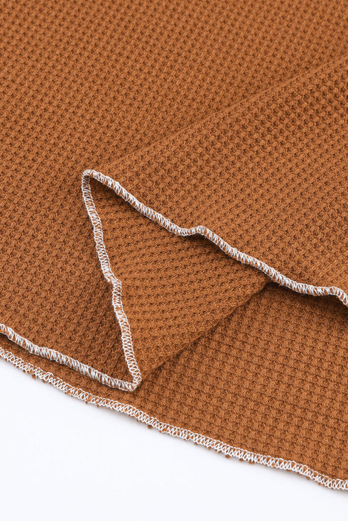 Contrast Stitch Waffle Knit Lettuce Edge Long Sleeve Top