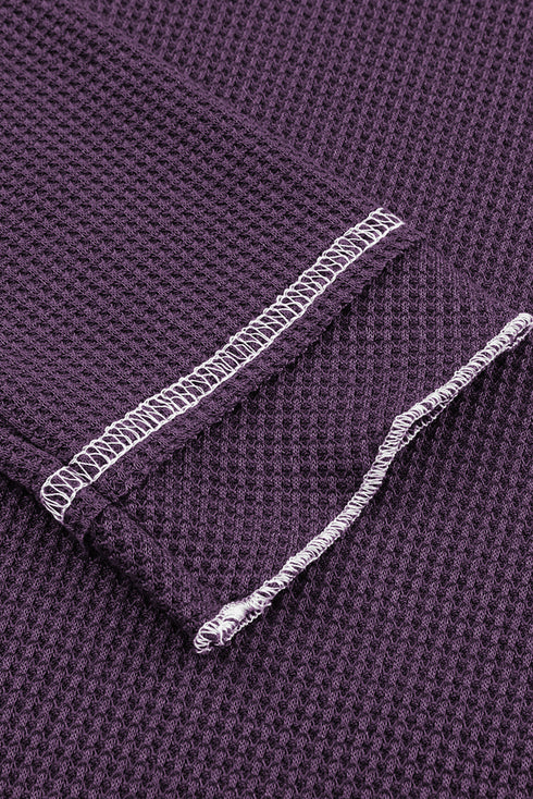 Contrast Stitch Waffle Knit Lettuce Edge Long Sleeve Top