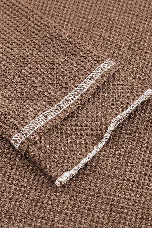 Contrast Stitch Waffle Knit Lettuce Edge Long Sleeve Top