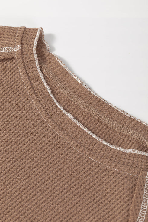 Contrast Stitch Waffle Knit Lettuce Edge Long Sleeve Top