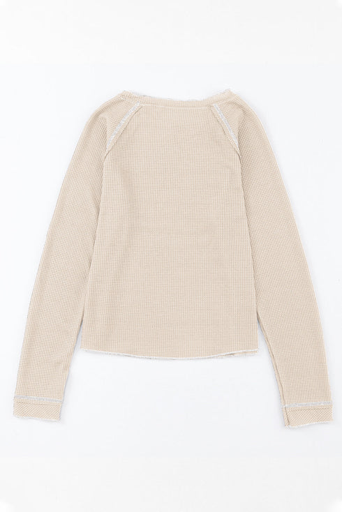 Contrast Stitch Waffle Knit Lettuce Edge Long Sleeve Top
