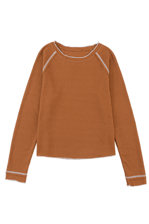 Contrast Stitch Waffle Knit Lettuce Edge Long Sleeve Top