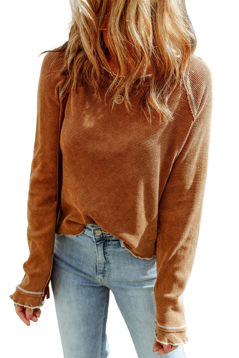 Contrast Stitch Waffle Knit Lettuce Edge Long Sleeve Top