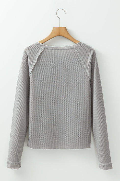 Contrast Stitch Waffle Knit Lettuce Edge Long Sleeve Top