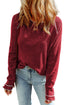 Contrast Stitch Waffle Knit Lettuce Edge Long Sleeve Top