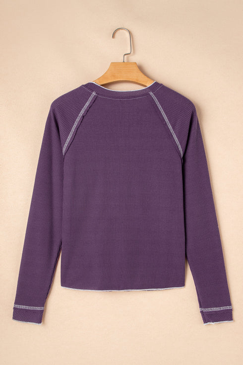 Contrast Stitch Waffle Knit Lettuce Edge Long Sleeve Top