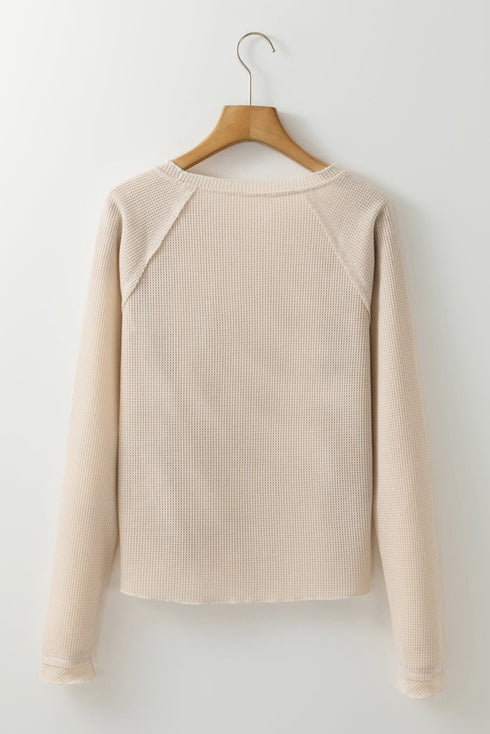 Contrast Stitch Waffle Knit Lettuce Edge Long Sleeve Top