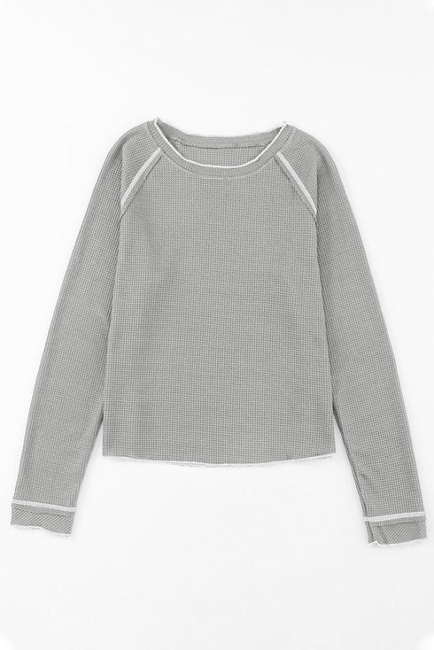 Contrast Stitch Waffle Knit Lettuce Edge Long Sleeve Top