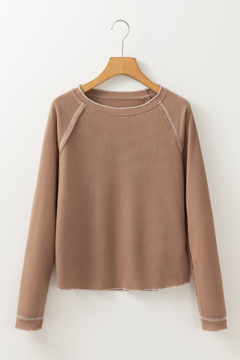 Contrast Stitch Waffle Knit Lettuce Edge Long Sleeve Top
