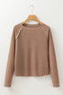Contrast Stitch Waffle Knit Lettuce Edge Long Sleeve Top