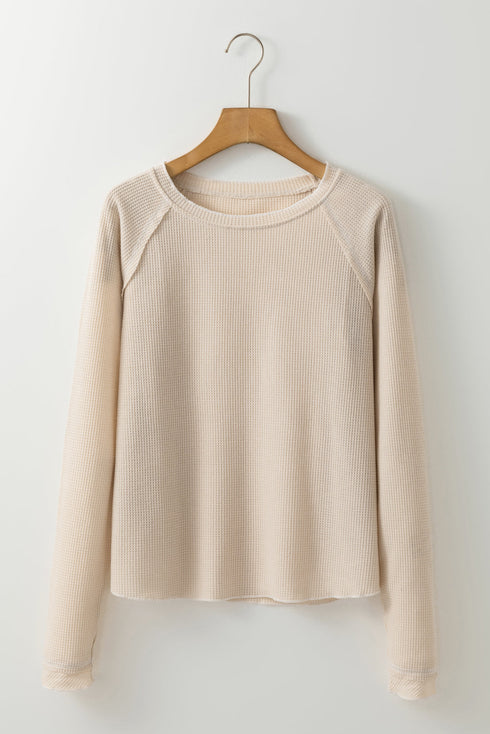 Contrast Stitch Waffle Knit Lettuce Edge Long Sleeve Top
