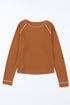 Contrast Stitch Waffle Knit Lettuce Edge Long Sleeve Top