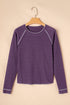 Contrast Stitch Waffle Knit Lettuce Edge Long Sleeve Top