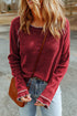 Contrast Stitch Waffle Knit Lettuce Edge Long Sleeve Top
